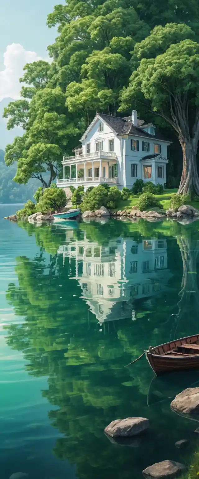 Lakeside house with boat on crystal clear water drawing