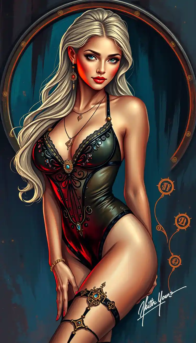 Glamorous femme fatale in baroque couture against celestial backdrop