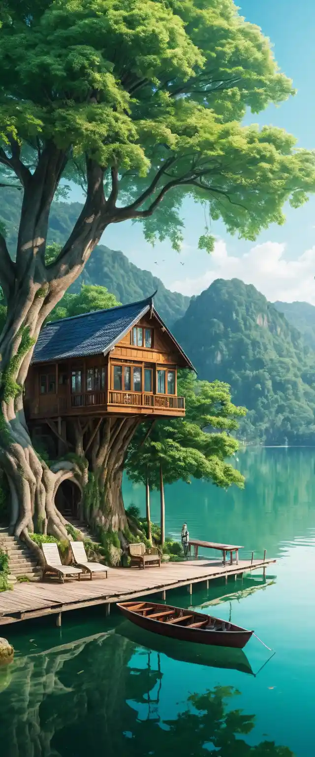 Lakeside house beneath a massive tree with boat on water