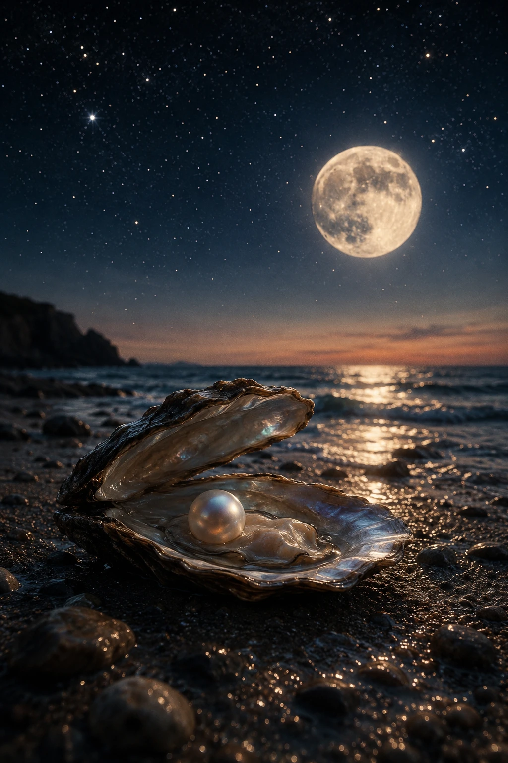 Luminous pearl in an open oyster under a full moon