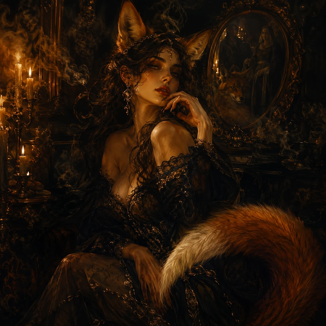 Baroque fantasy vixen in candlelit gothic darkness