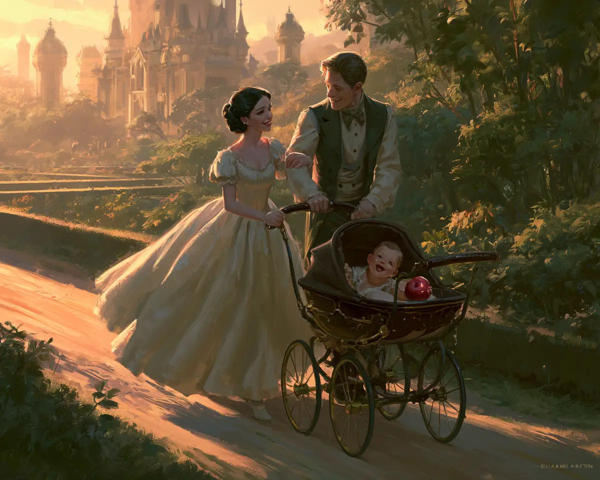 Princess and prince strolling with a pram at golden hour