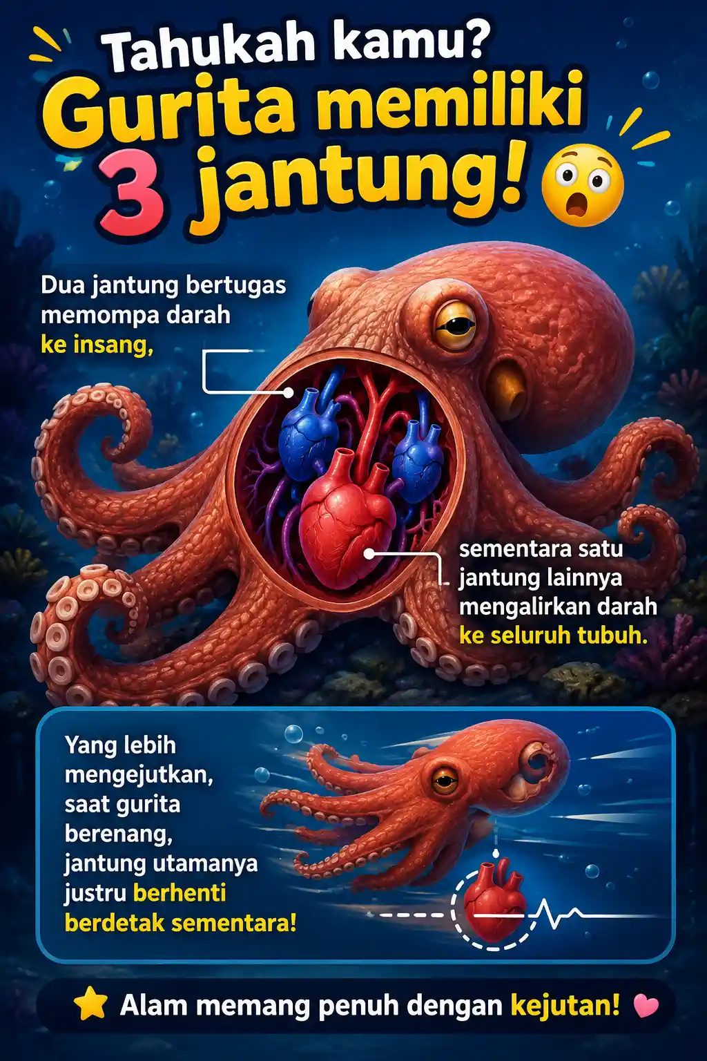 Cute octopus character with three cartoon hearts