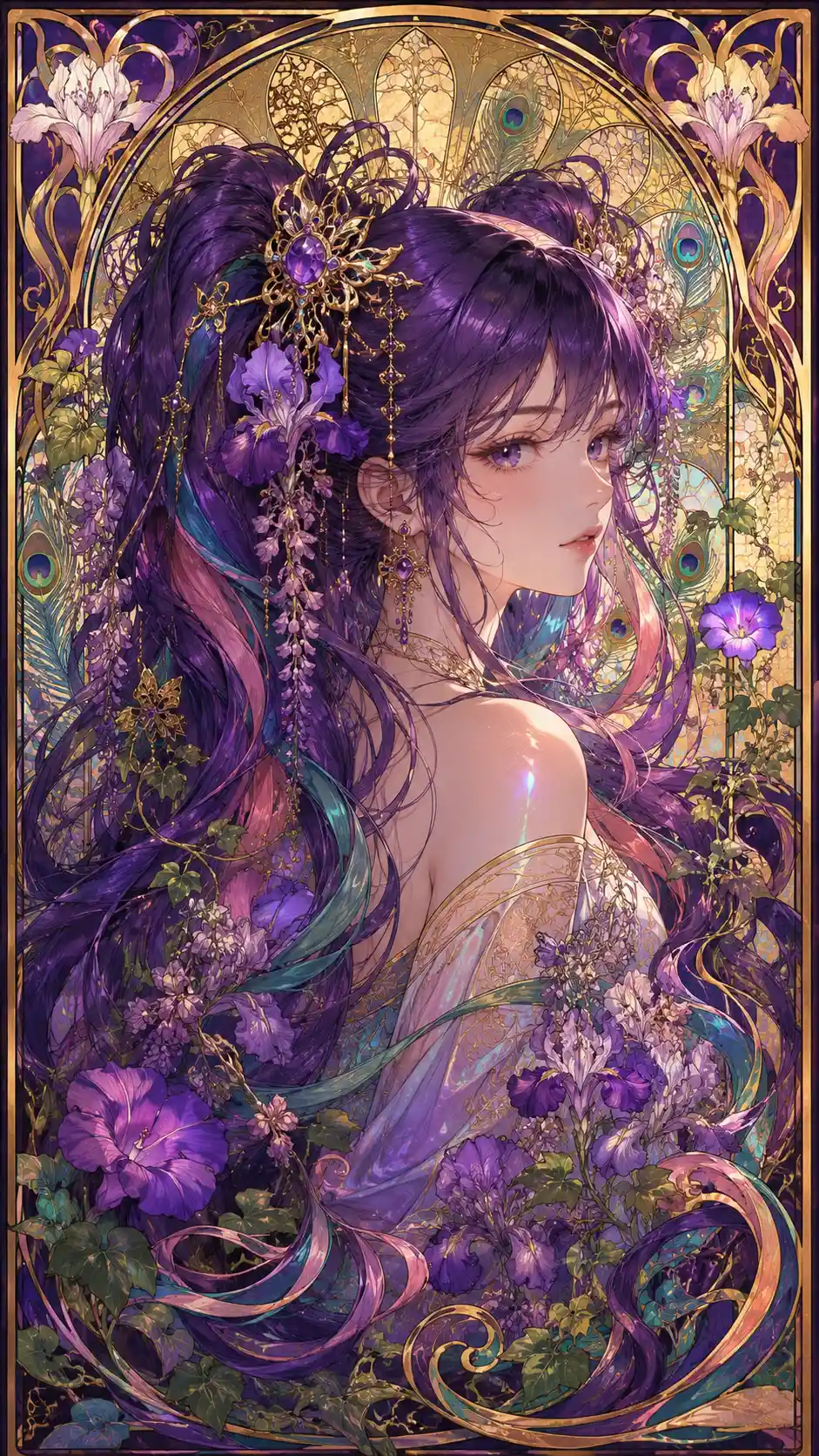 Art Nouveau anime girl with flowing floral twin tails