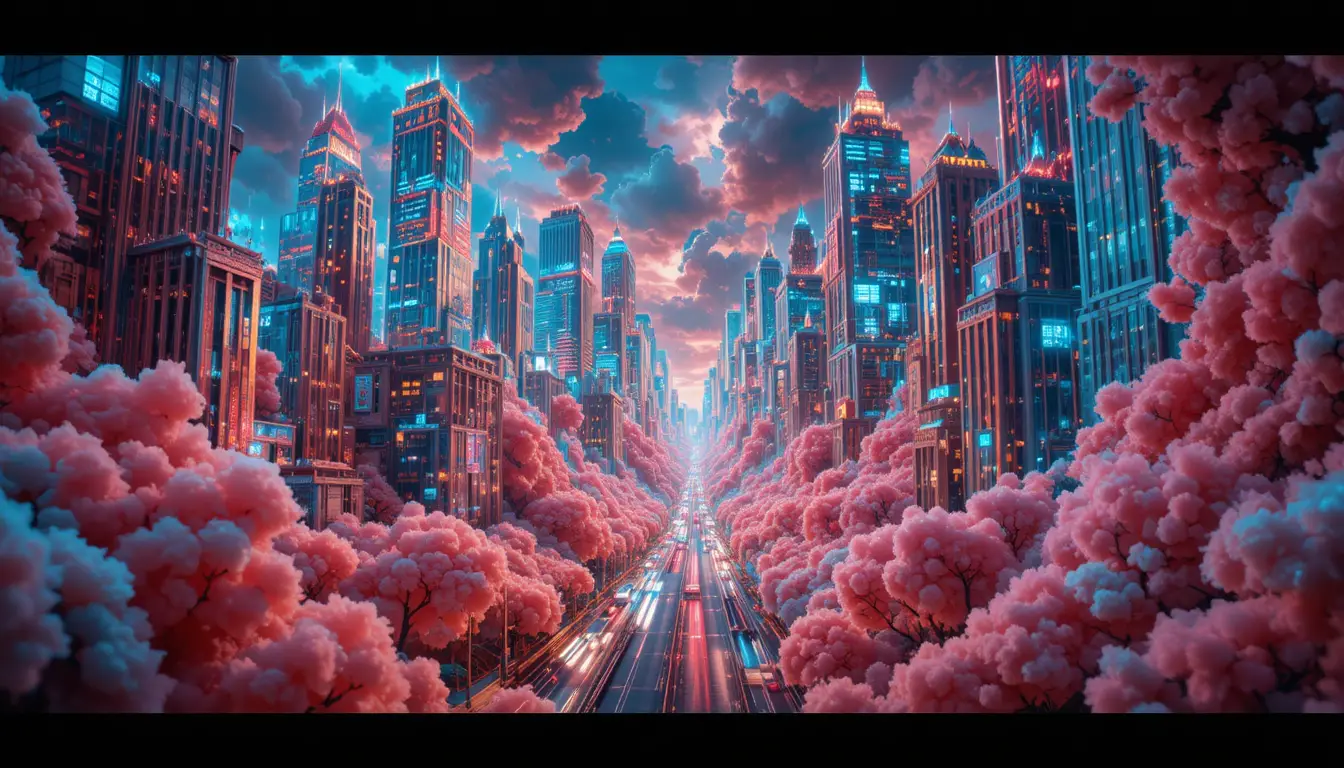 Surreal Neon Cityscape Woven From Cotton Candy Structures