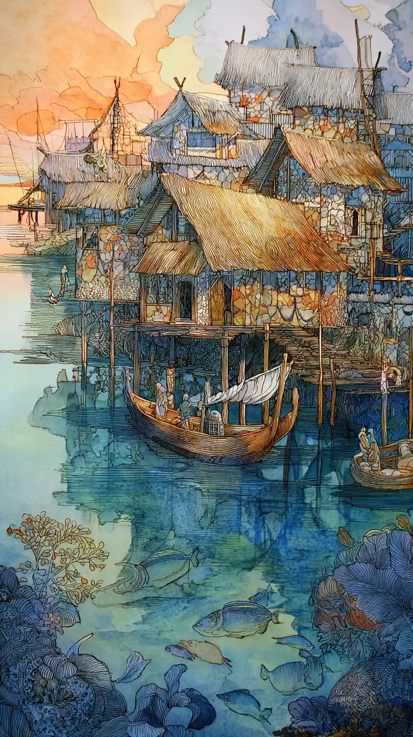 Fantasy stilt village over glowing iridescent water pools