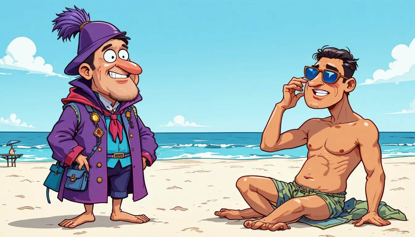 Cartoon beach scene with two quirky characters in conversation