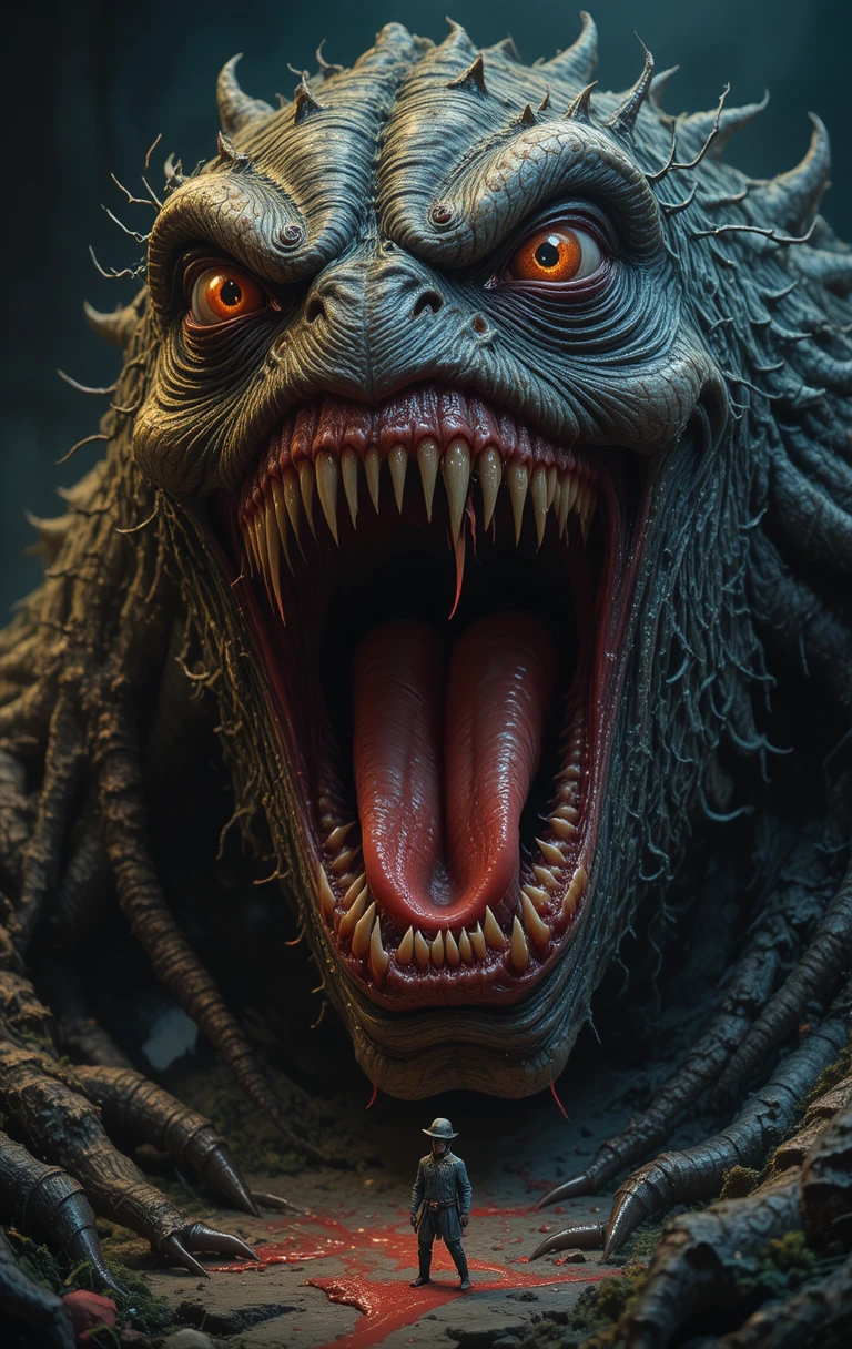 Terrifying red mouthed monster looming over tiny frightened prey
