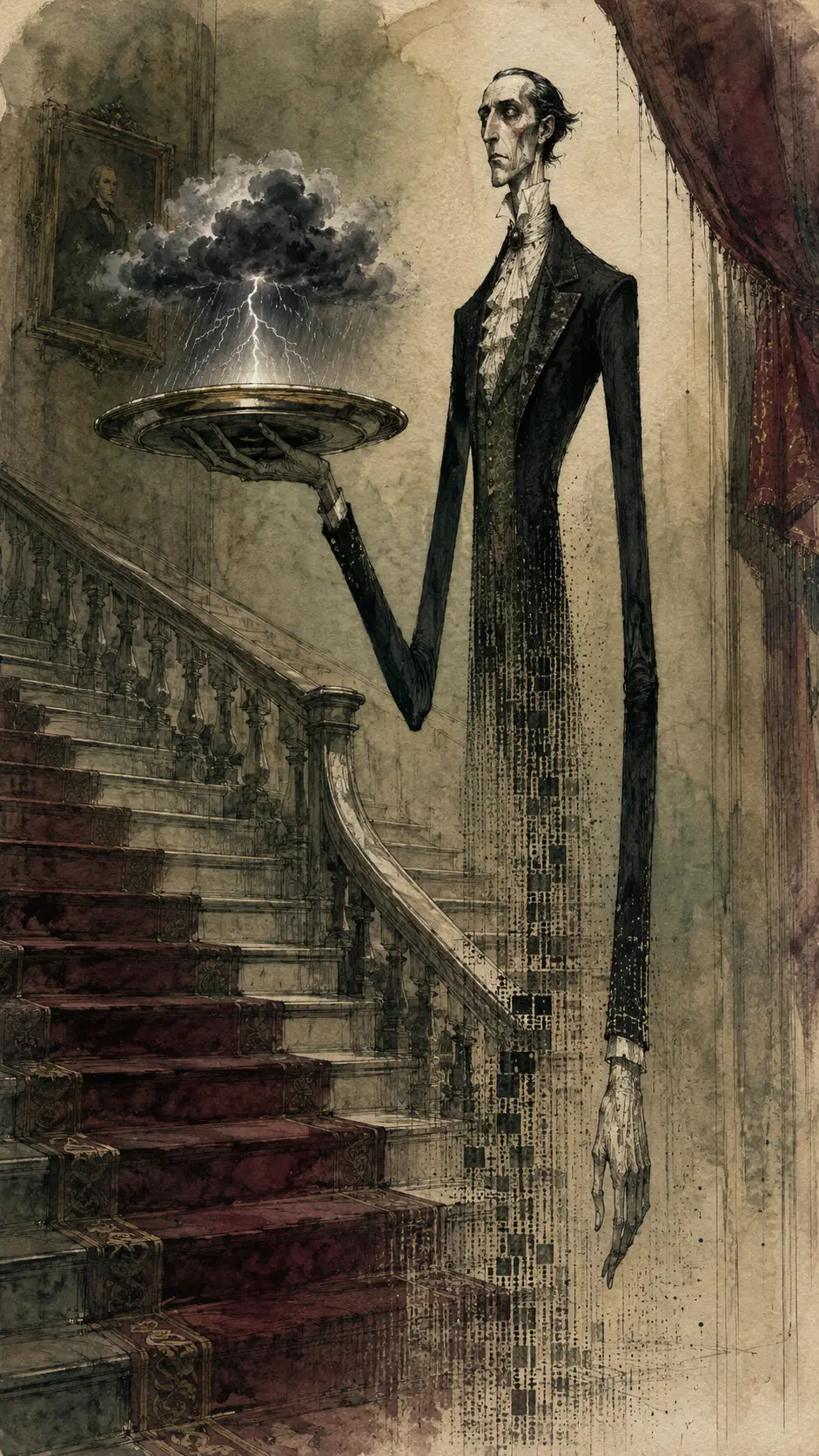 Tall butler with data fading body beside grand staircase
