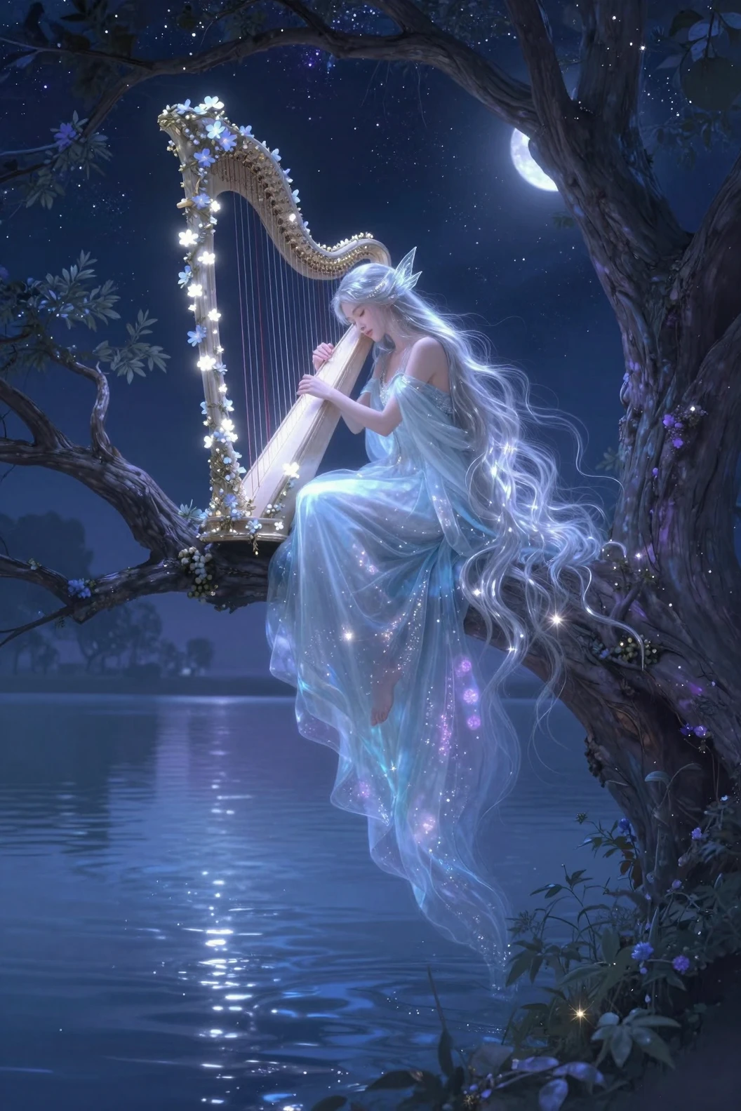 Sleeping fairy on a tree above a moonlit lake
