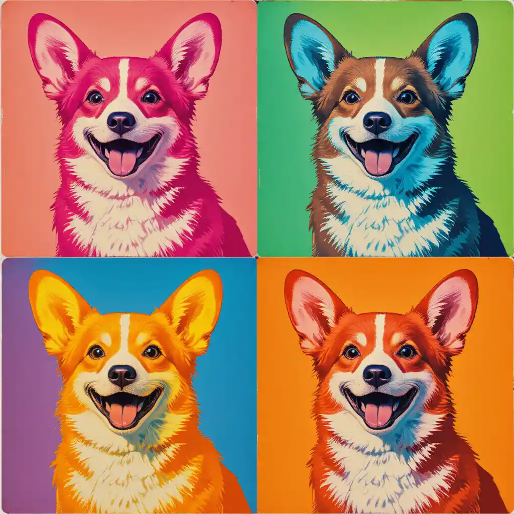 Colorful pop art grid portrait of a joyful corgi dog