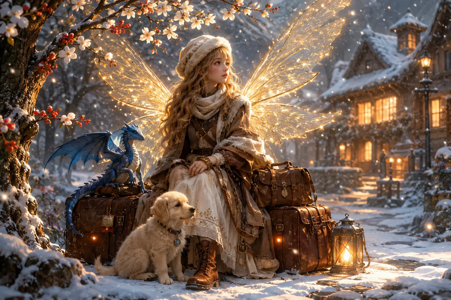 Tiny blue dragon in a snowy magical winter village