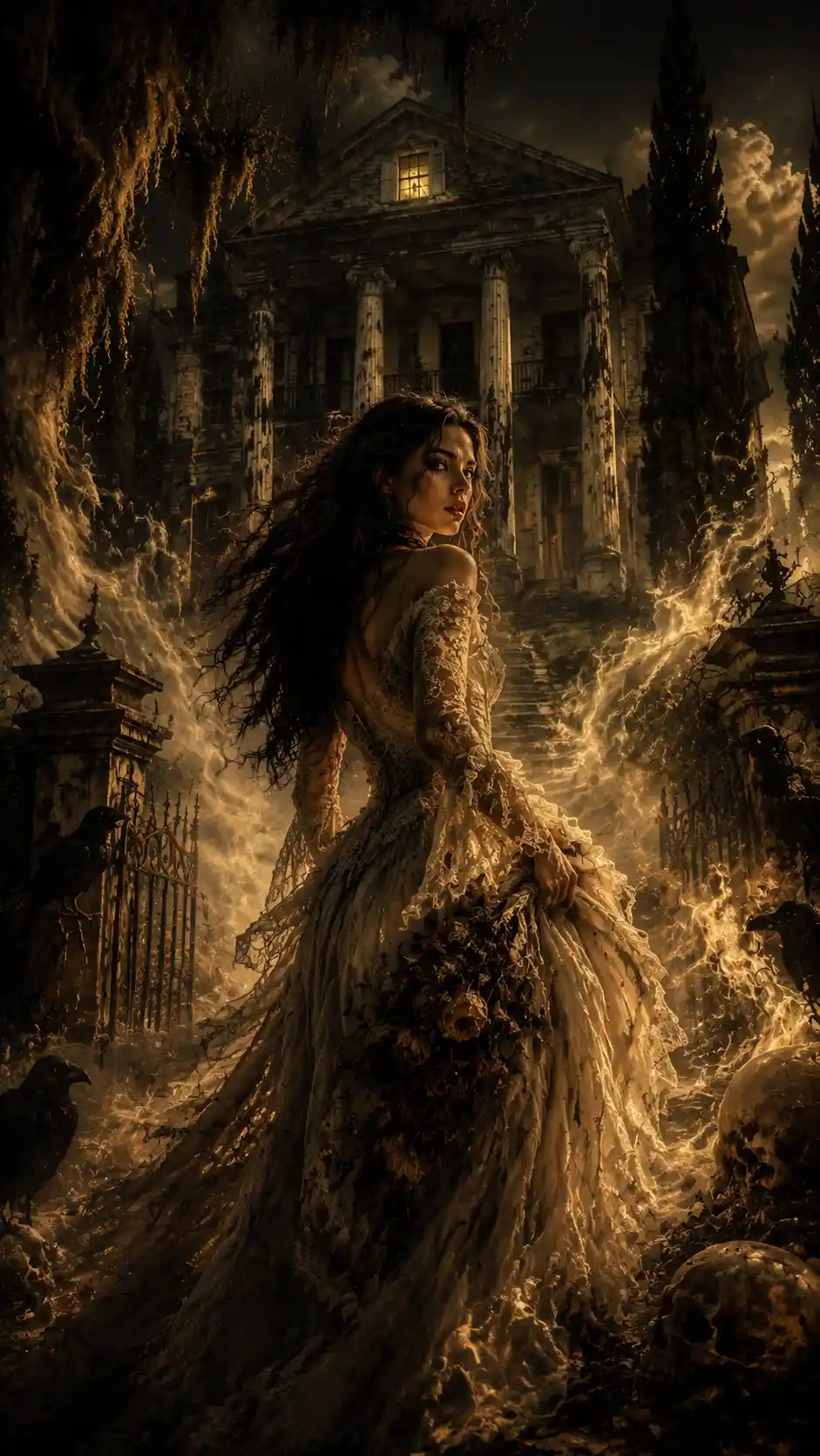 Dark fantasy creature in baroque gothic chiaroscuro scene