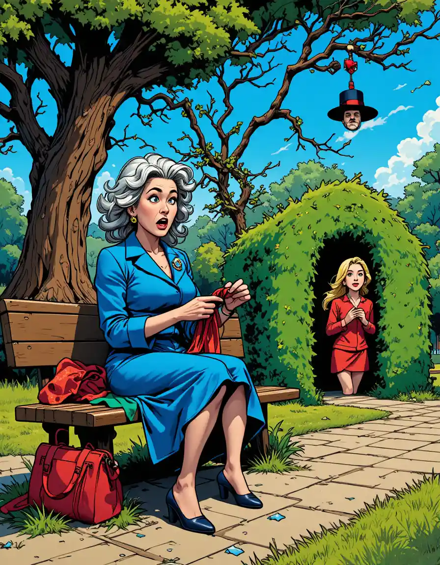 Elderly woman knitting on a park bench in cartoon style