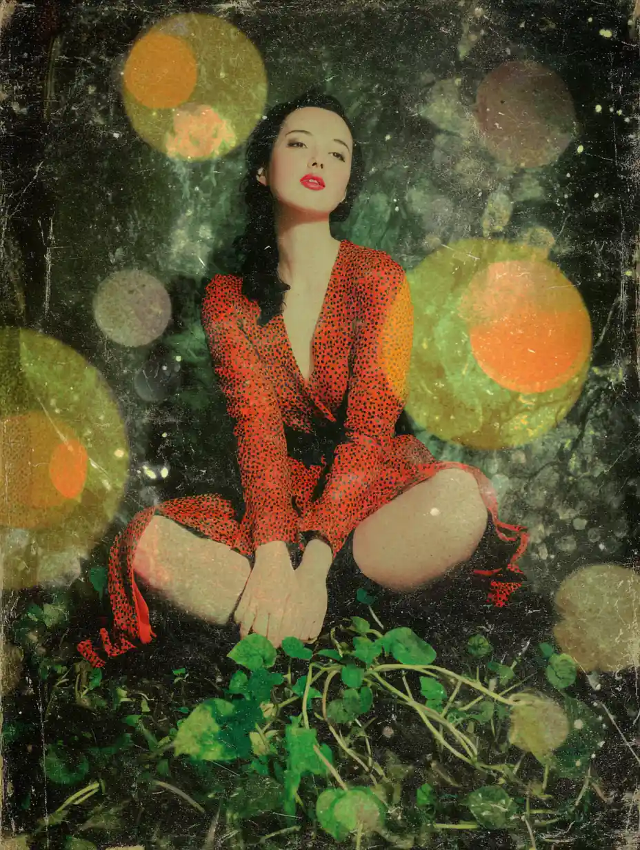 Woman planting trees in a surreal overheated green world