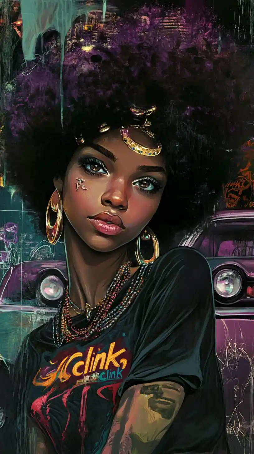 Woman with beaded hair and afro walking through the city