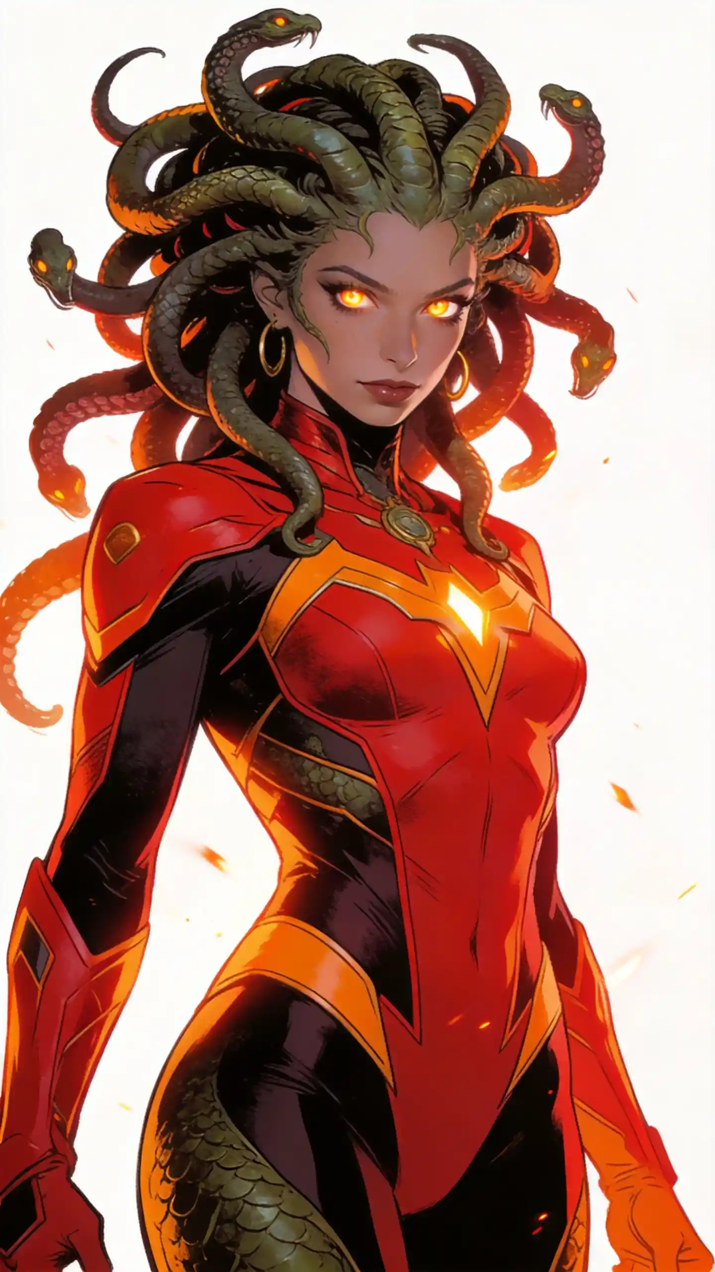 Heroic Medusa warrior in bold crimson and orange