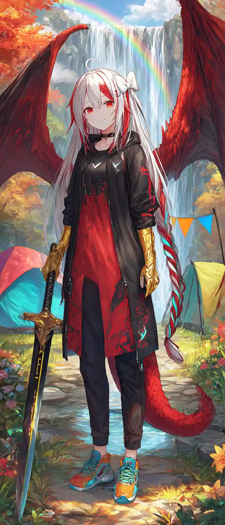 Dragon winged girl with chained sword by a waterfall