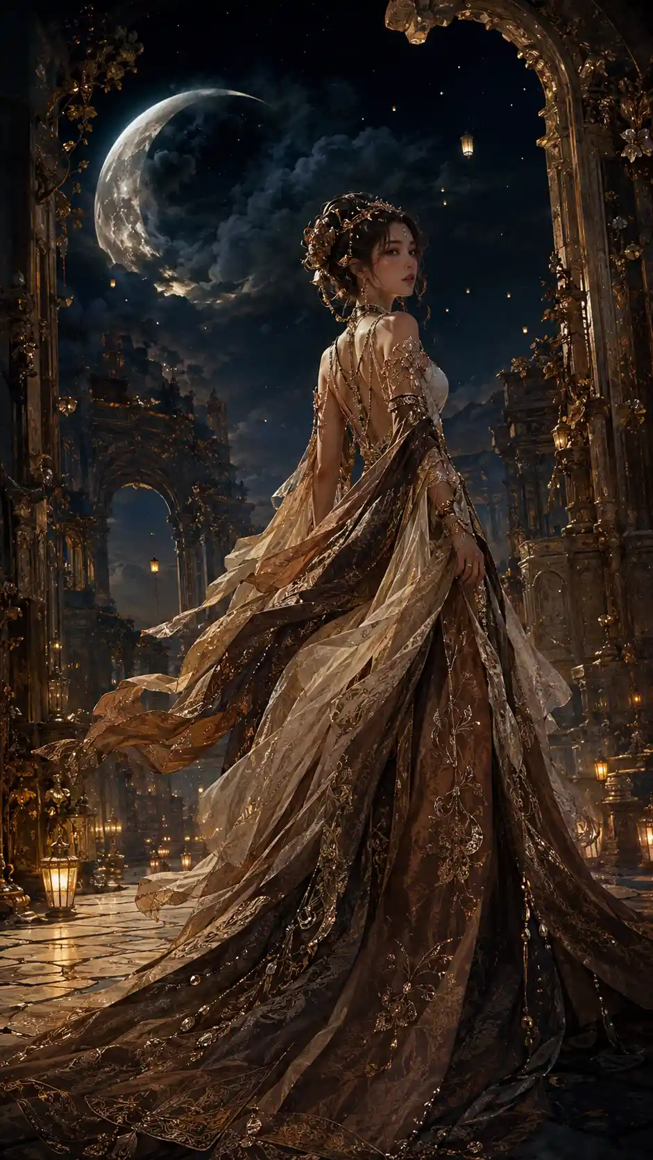 Regal woman in ruins of an ancient celestial palace