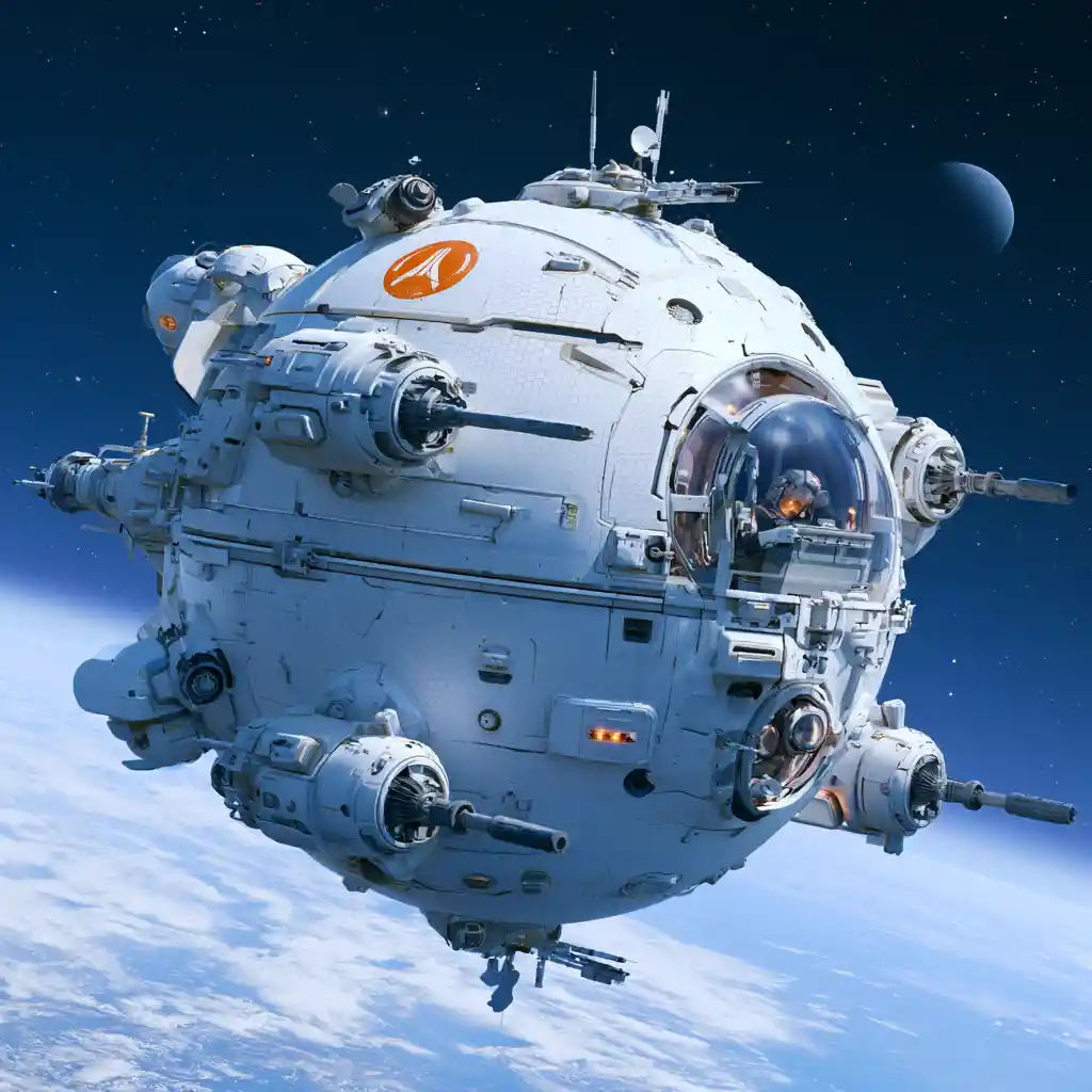 Caça espacial esférico futurista sobre planeta azul distante