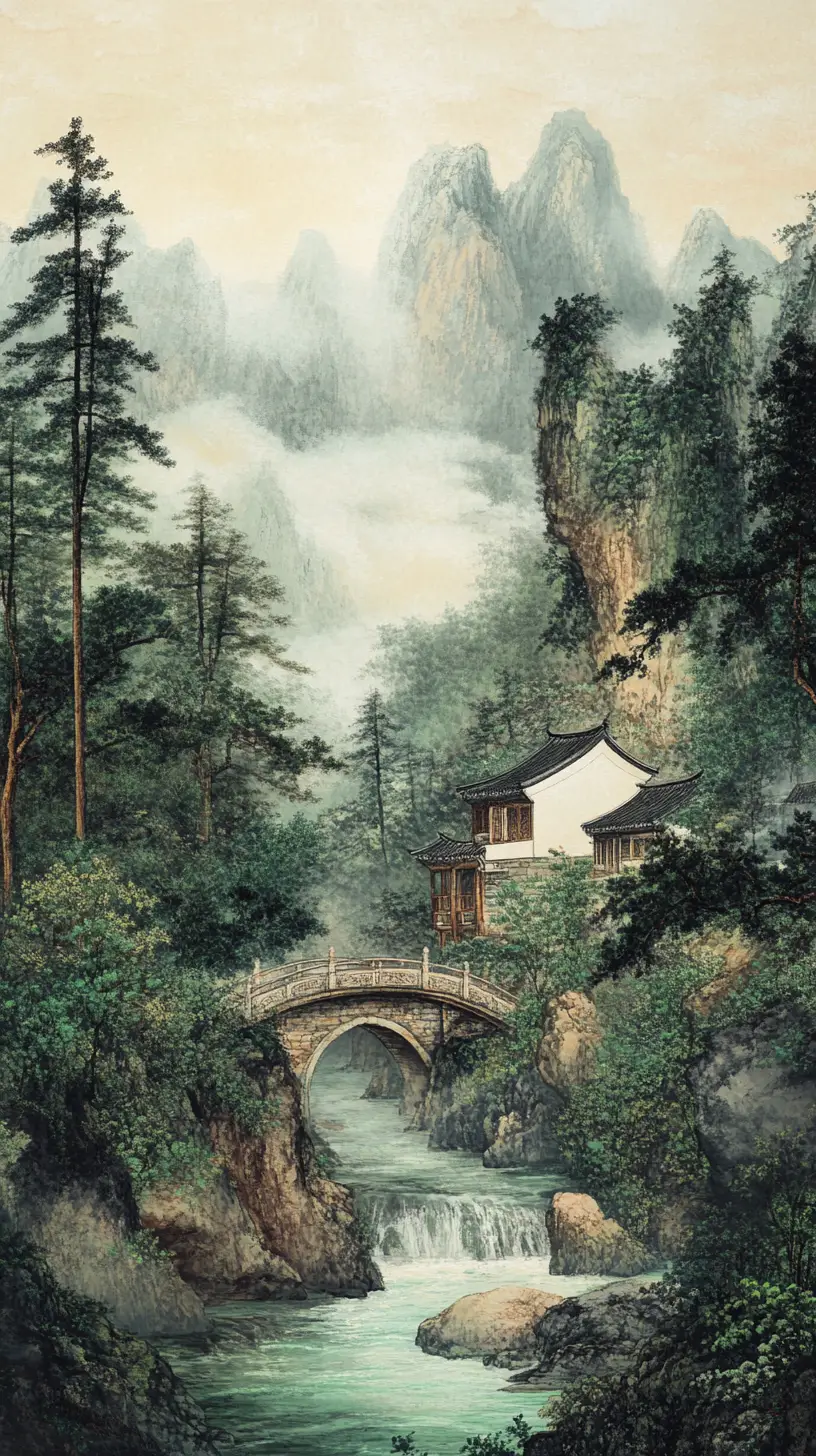 Quiet mountain village by turquoise stream and stone bridge