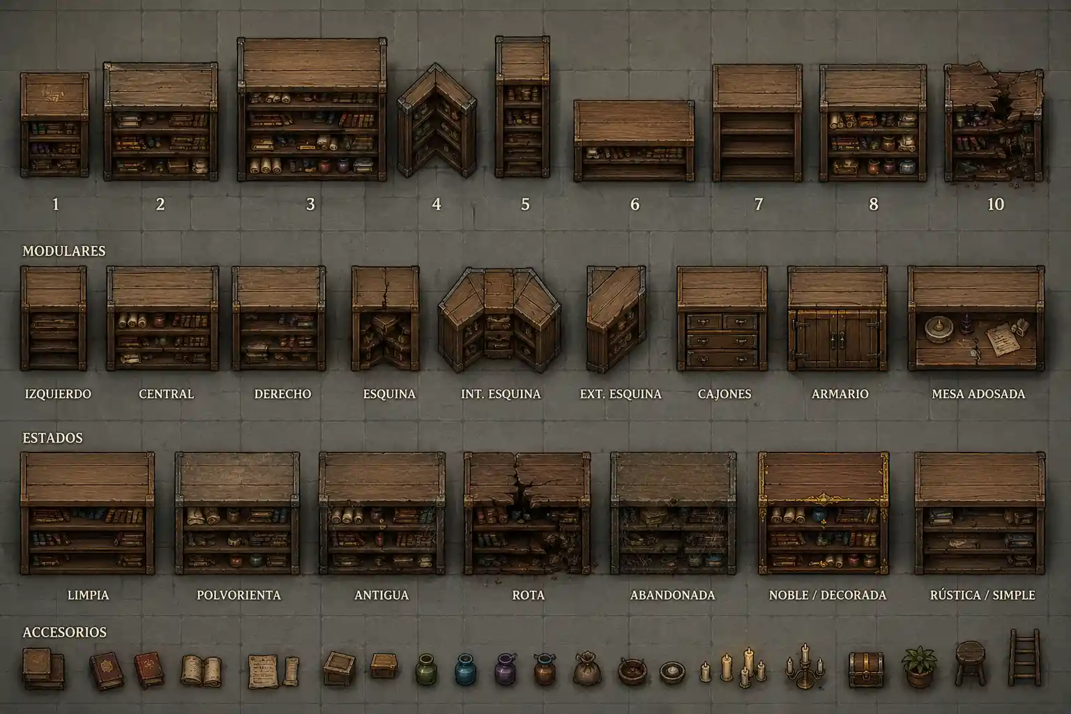 Top down medieval wooden bookshelf for 2D fantasy maps
