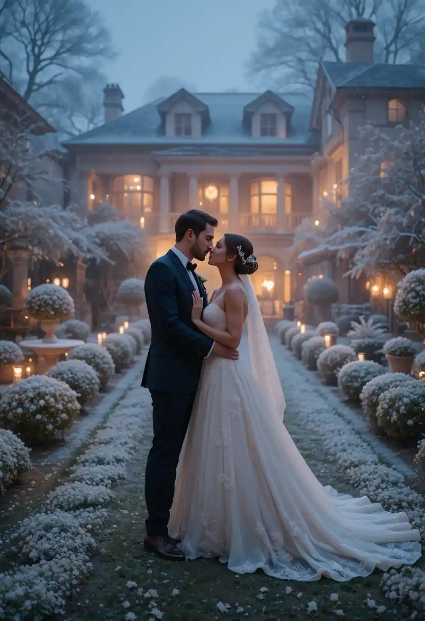 Foggy night garden wedding with guests and warm lights