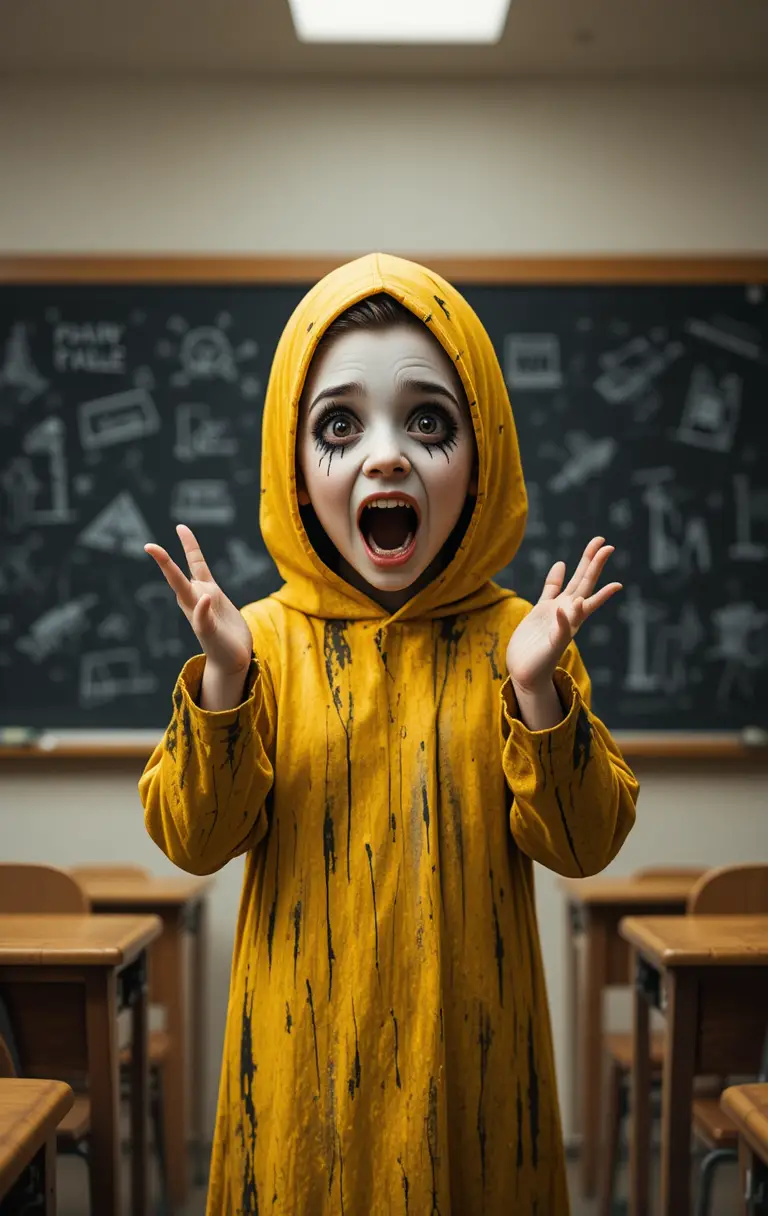 Playful child ghost in striped costume in classroom poster