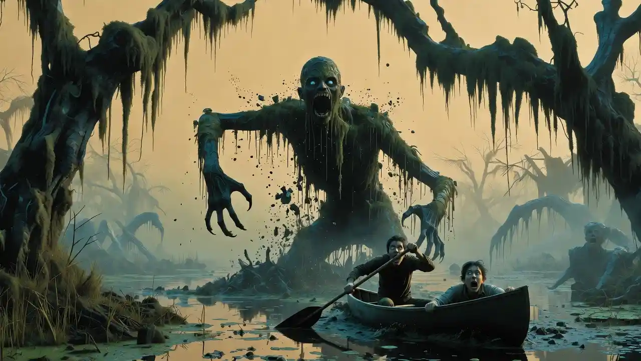 Macabre monster rising from an enchanted swamp before canoeists