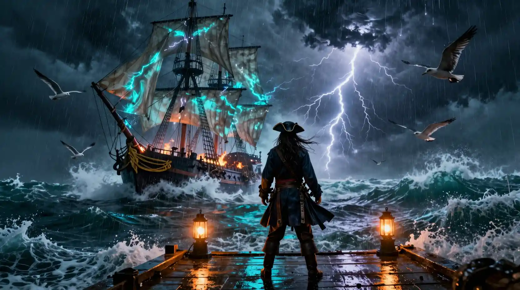 Lone pirate on stormy dock facing raging enchanted sea