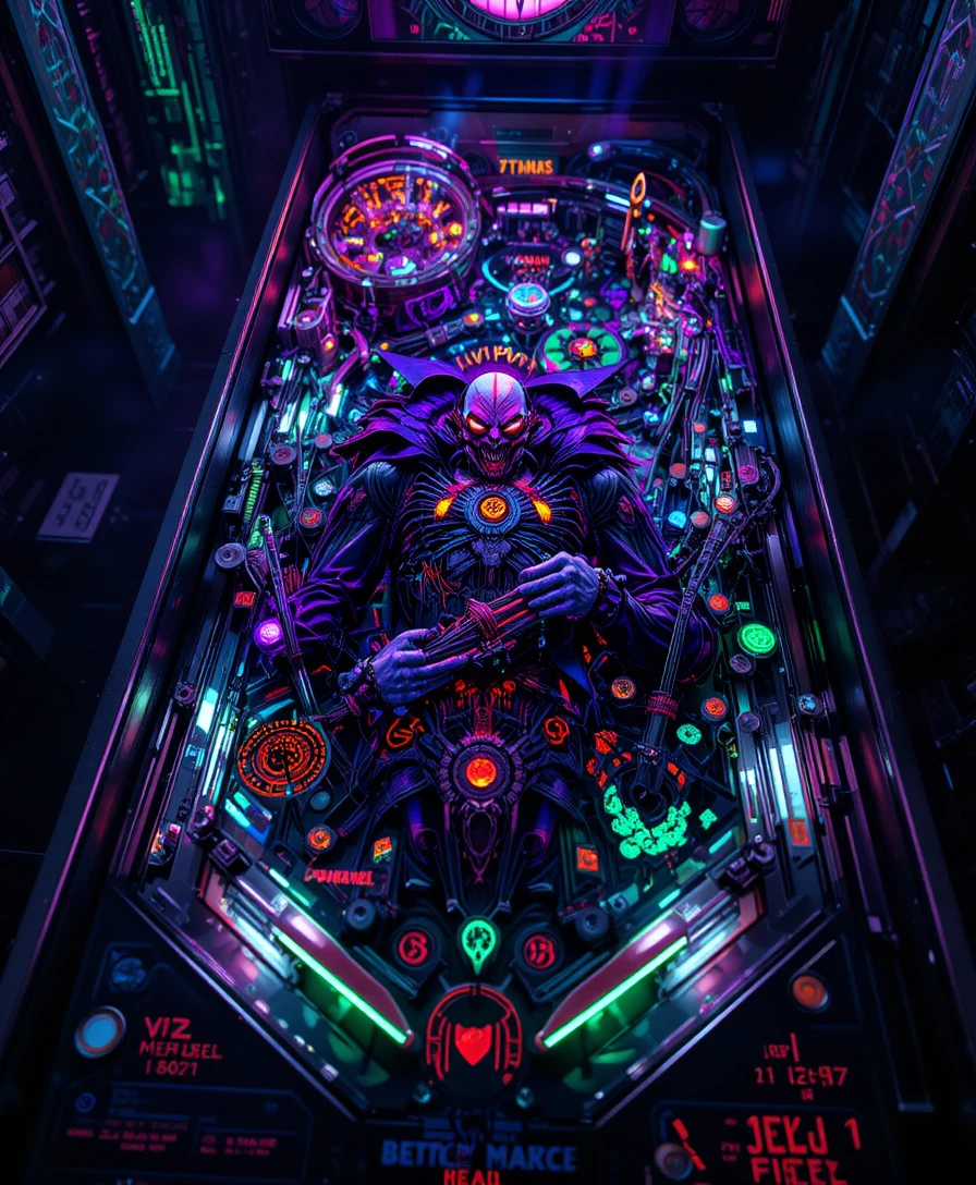 Neon pinball machine from a dramatic bird s eye view