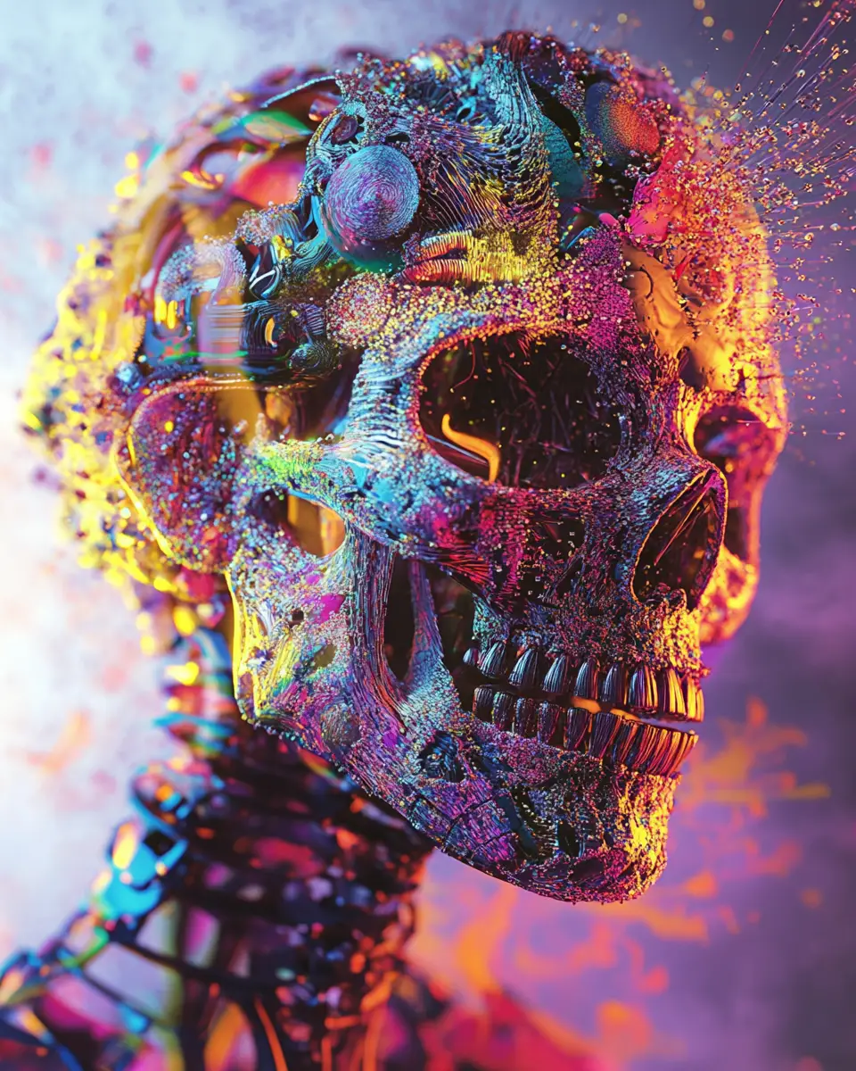 Colorful humanoid skeleton with abstract shapes and light