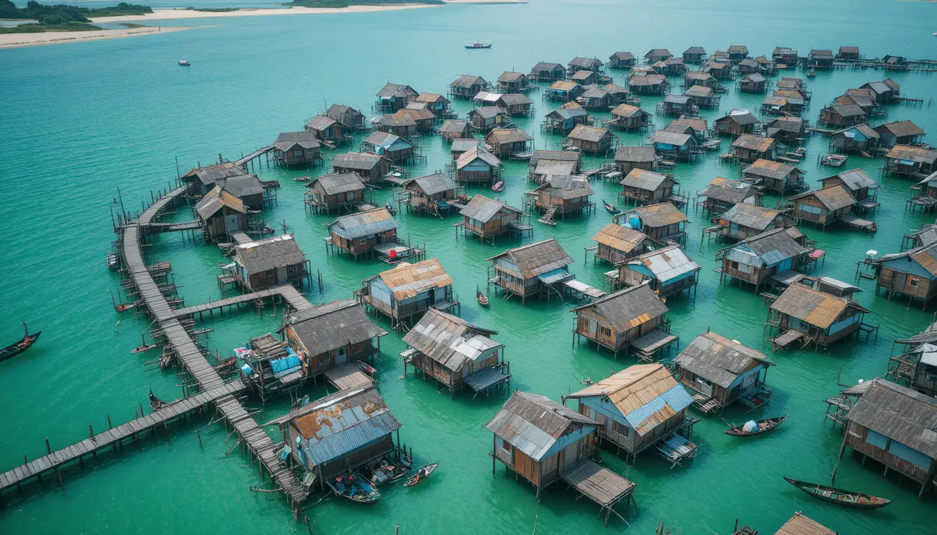 Aerial view of rustic stilt village over turquoise water