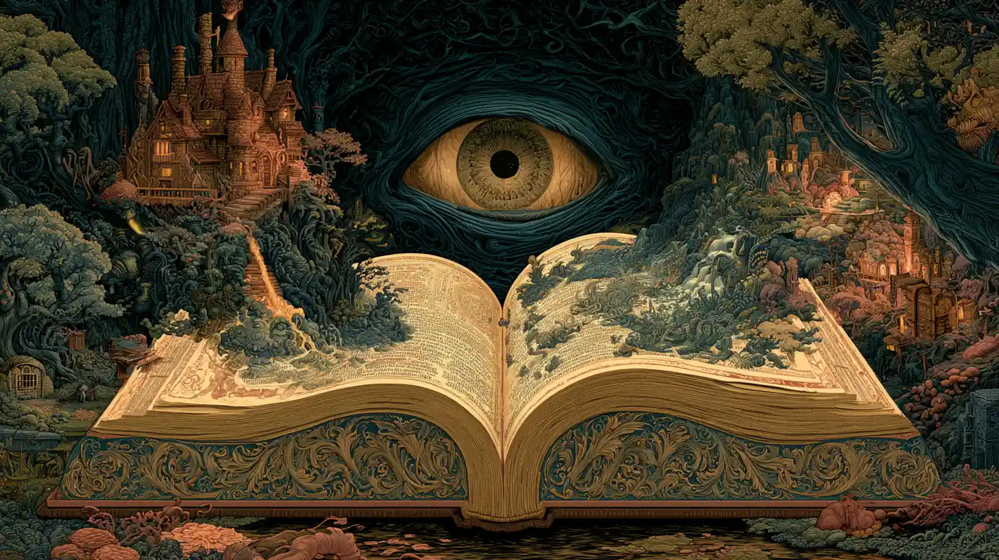 Surreal vision of fractured fairy tale books in the minds eye