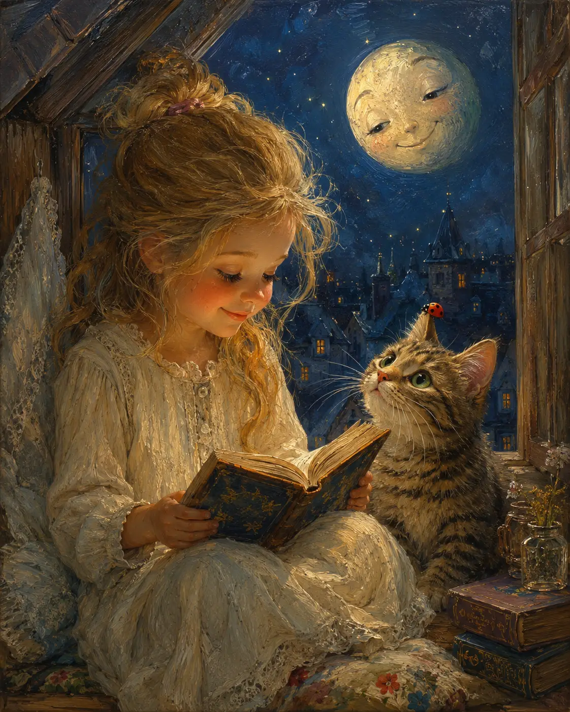 Girl reading by moonlight in a quiet attic window