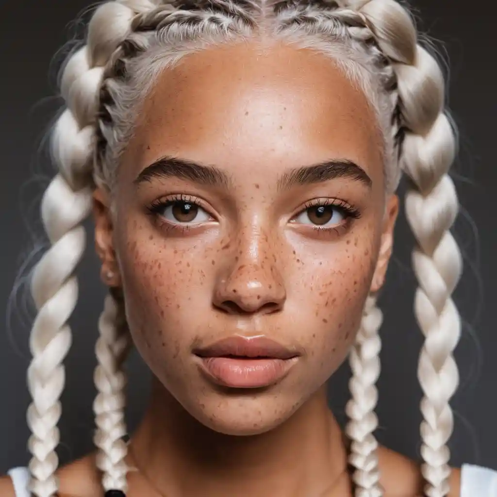 Close up portrait of a woman with braids and freckles