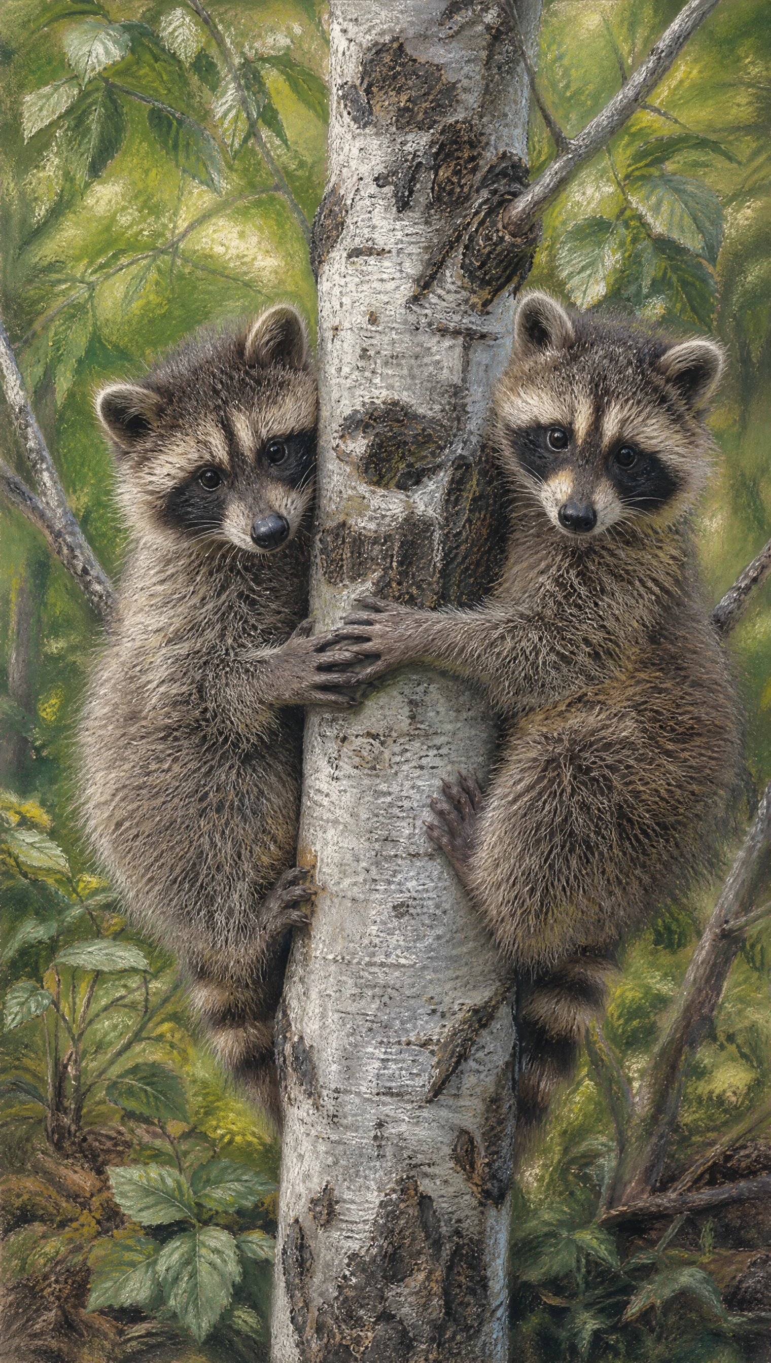 Two young raccoons climbing a forest tree in soft pastel