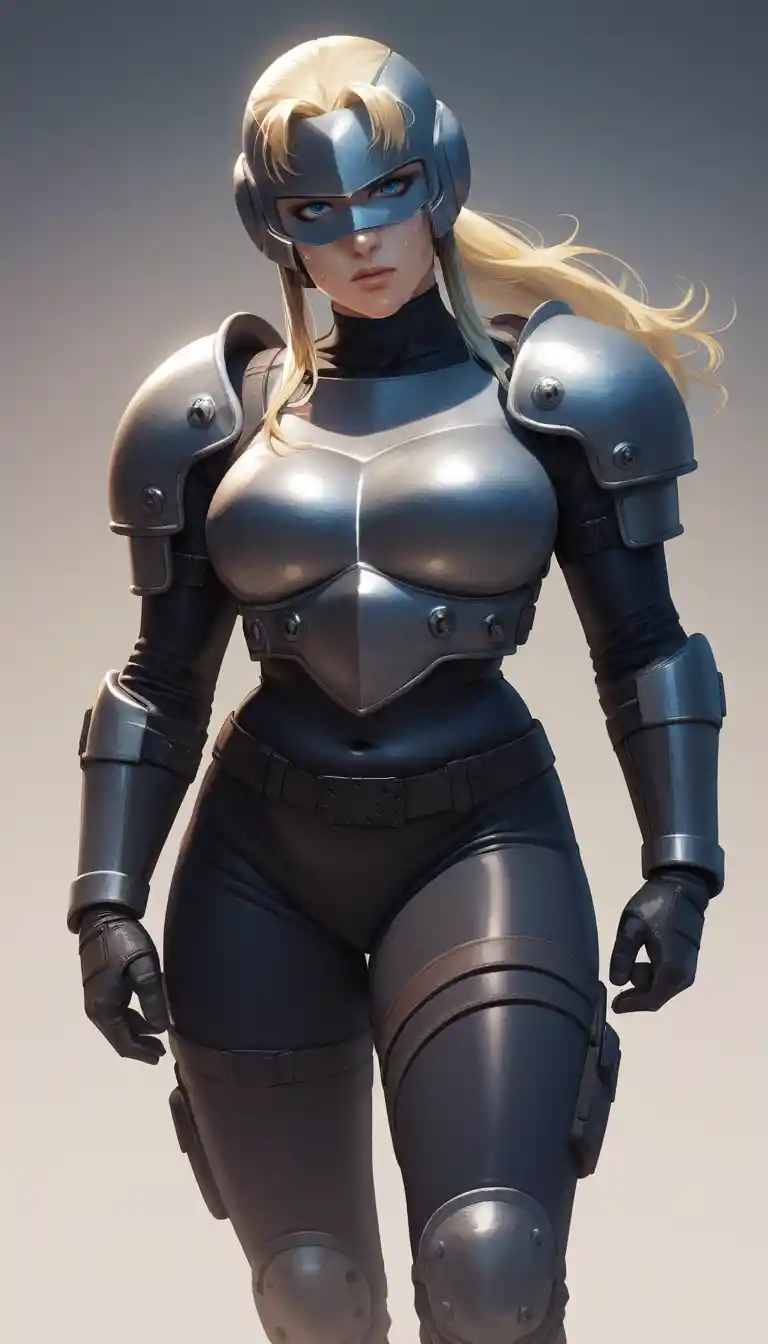 Armored anime woman with blonde hair and blue eyes