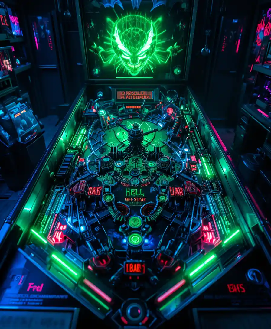 Birds eye view of neon pinball machine in dark hellscape