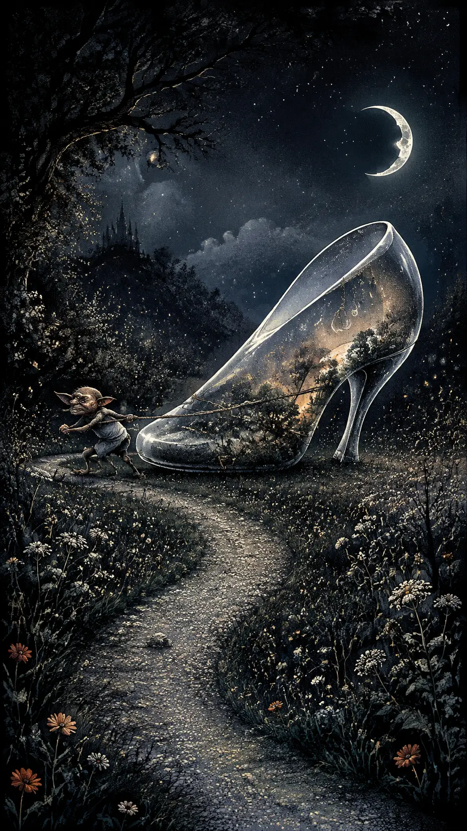 Tiny creature dragging a giant glass shoe in moonlit meadow