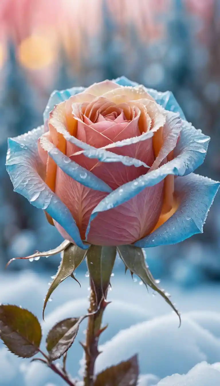 Glittering Fantasy Rose Blooming In Deep Winter Snow