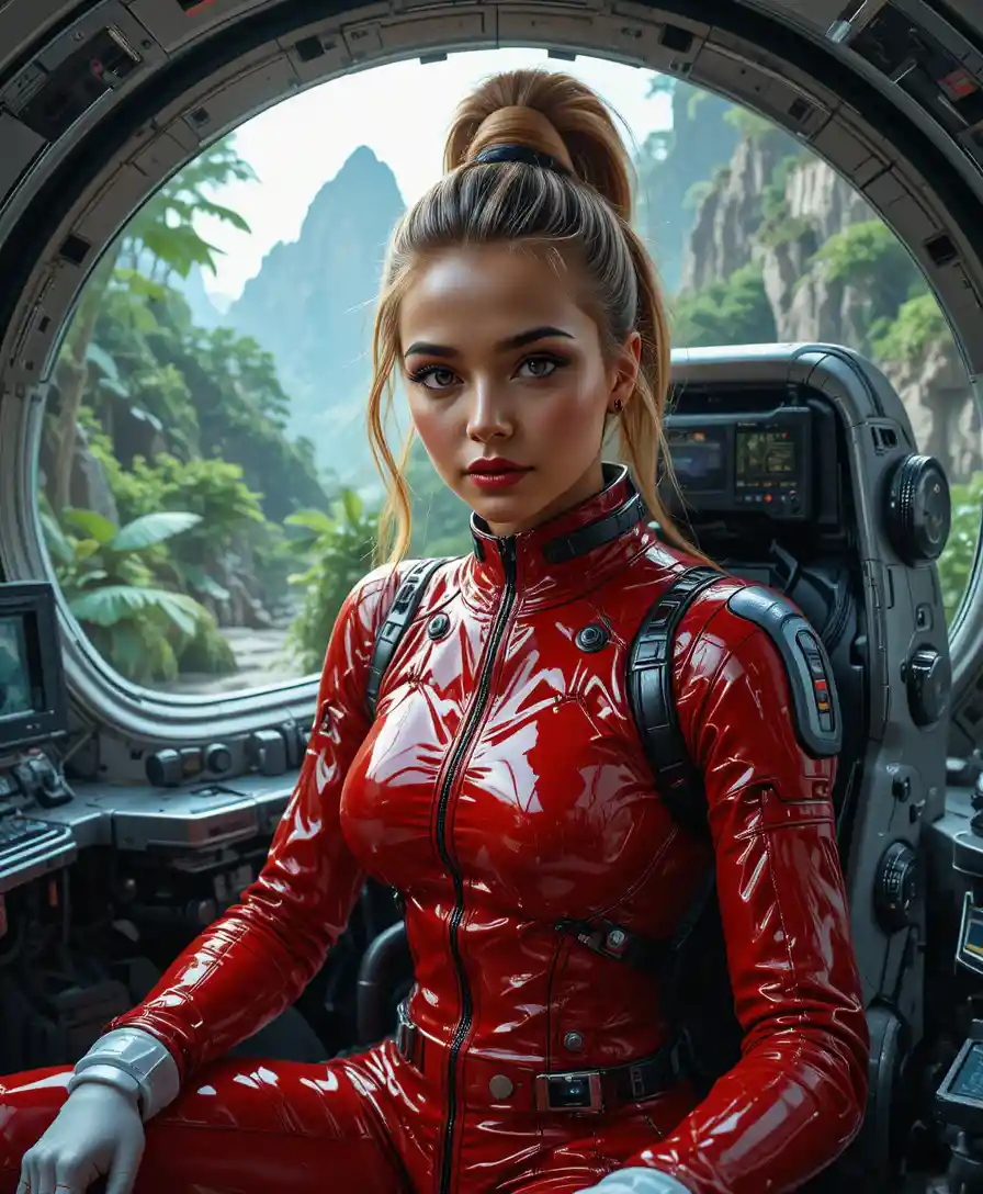 Young pilot in red suit inside futuristic spaceship cockpit