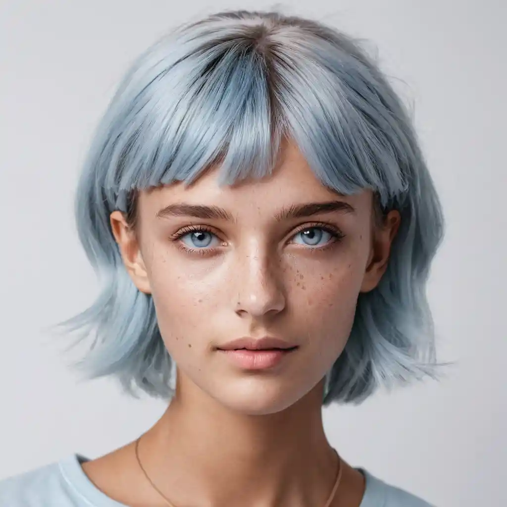 Close up of German woman with pastel blue hair