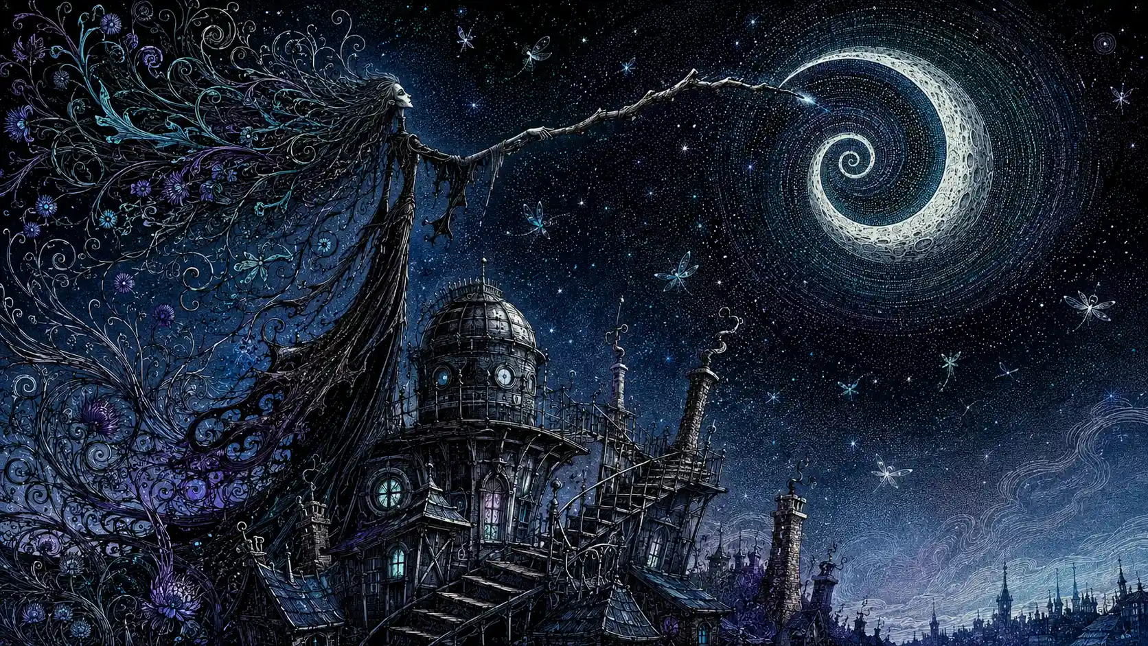 Tall witch bending the moon above a crooked observatory roof