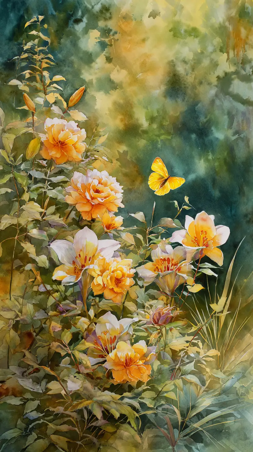 Yellow butterfly on white flowers in watercolor forest