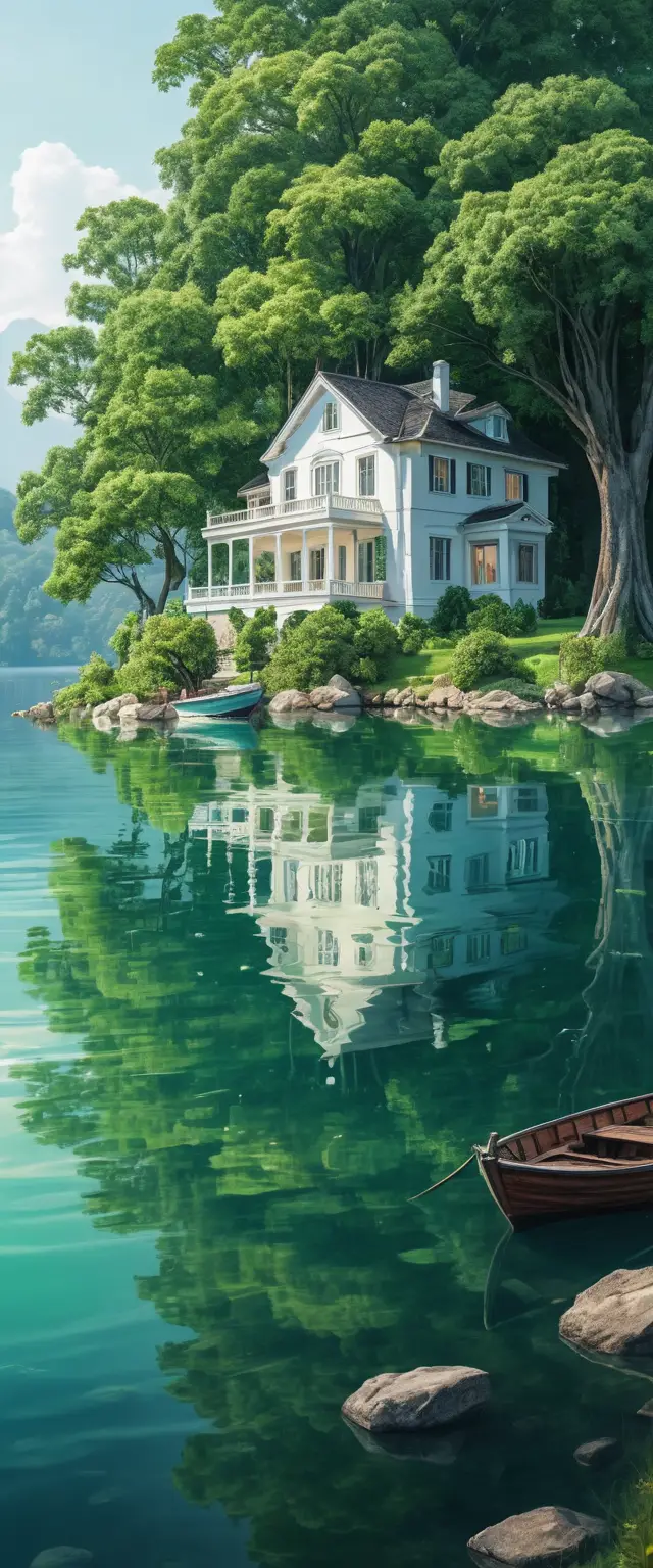 Disegno di casa sul lago con barca su acqua cristallina