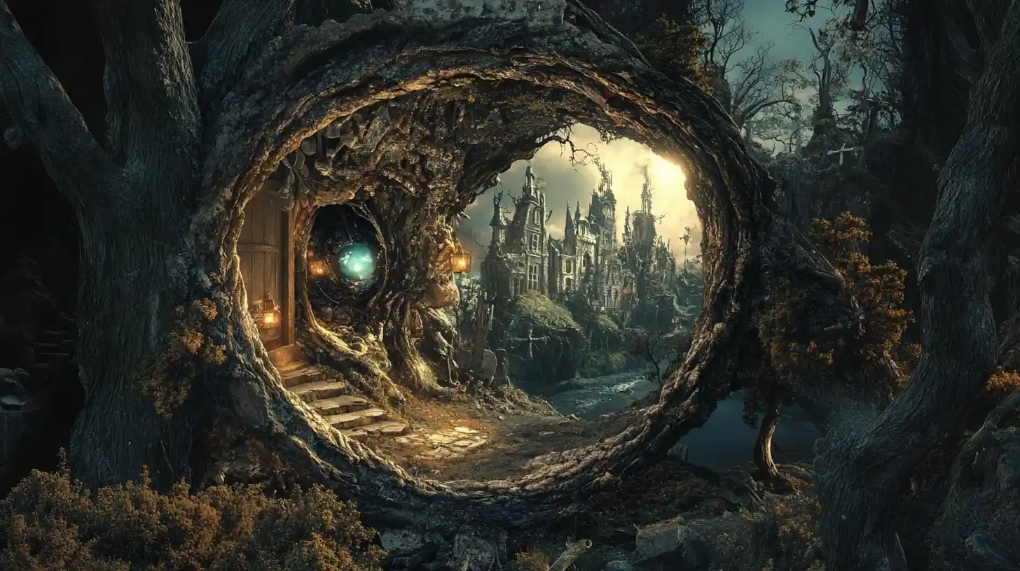 Paisaje onírico surreal inspirado en visiones de cuentos de hadas fracturados