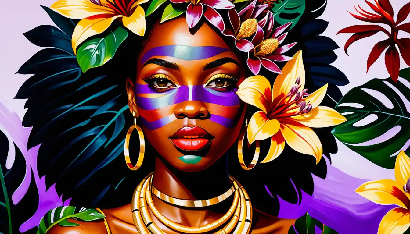Close up portrait of a woman with tropical bouquet and gold jewelry