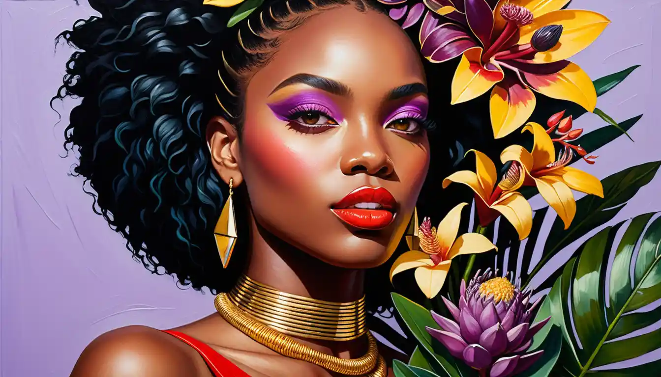 Surreal impasto portrait of a woman with tropical bouquet
