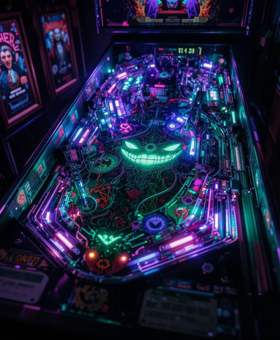 Neon-Flipperautomat in einer dunklen, unheilvollen Arcade-Szene